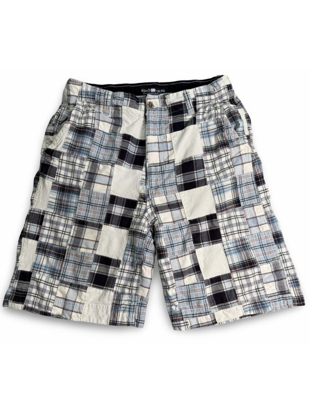 Vtg Ecko Unltd Y2K Patchwork Plaid Cargo Shorts Mens 36 Blue Multi Streetwear